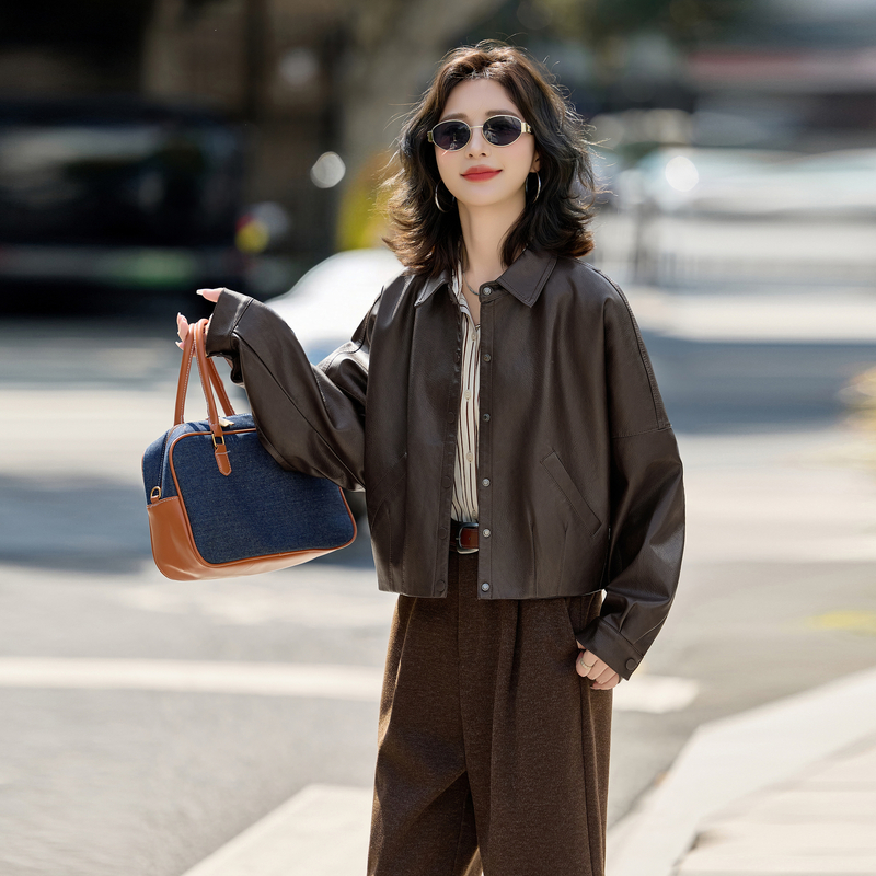 复古咖色短款皮衣外套女2025秋季新款休闲宽松小个子皮夹克上衣