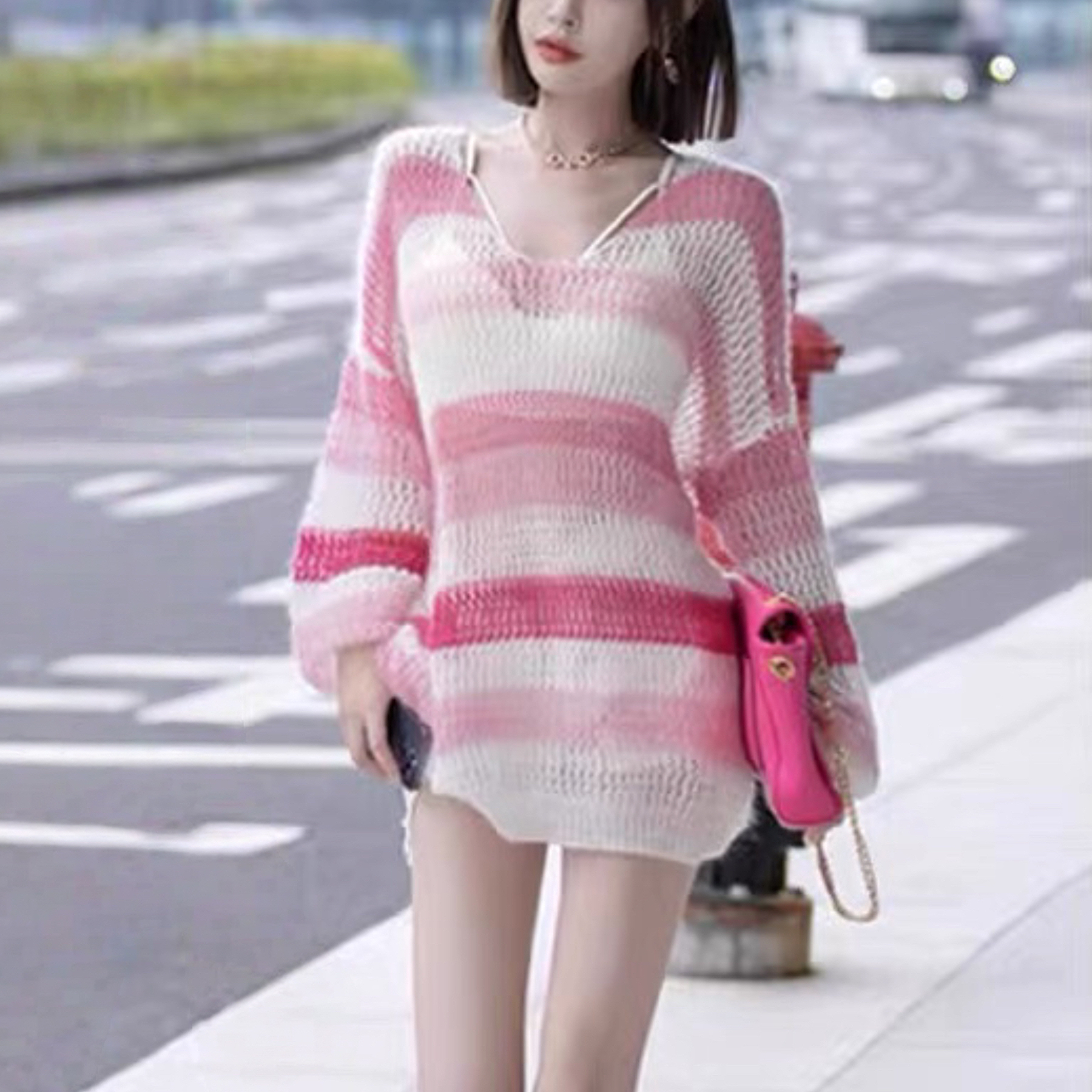 春秋季新款镂空针织衫女百搭宽松慵懒风彩虹条纹镂空小众设计上衣