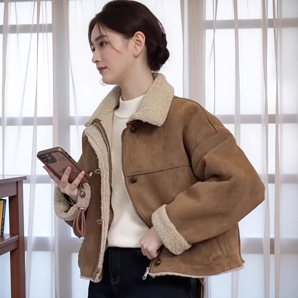 美式洋气加厚保暖毛毛翻领短外套2025秋冬新款棕色休闲百搭上衣女