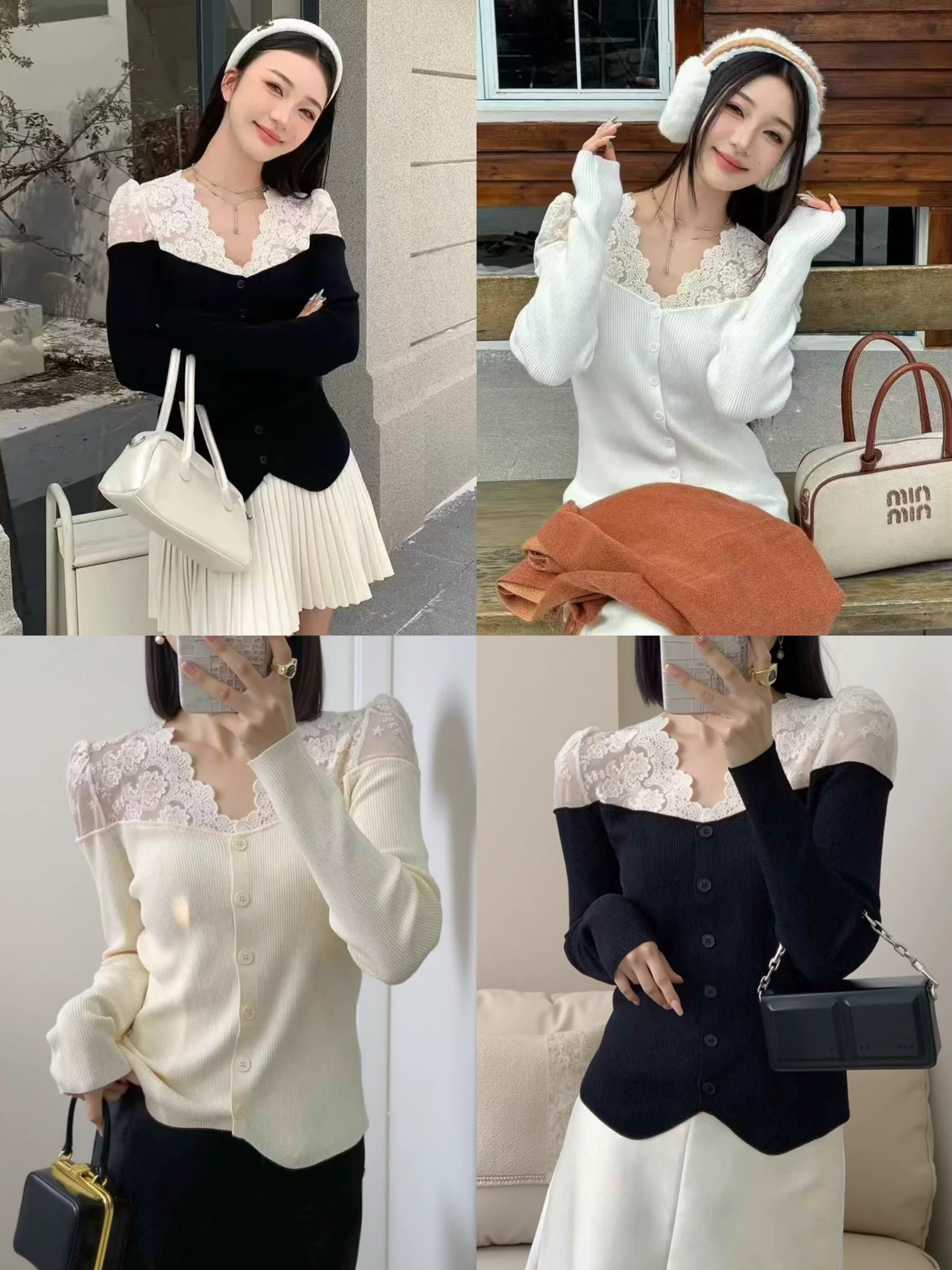 【秋冬新款】MT' 温柔风蕾丝拼接开衫毛衣'  气质收腰开衩甜美毛衣