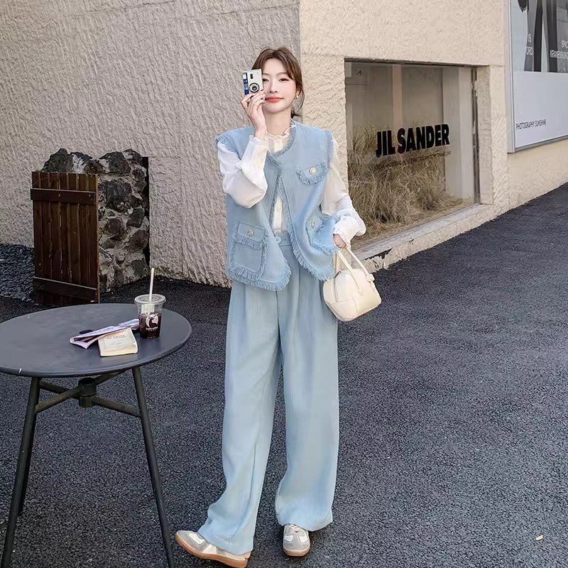 【纪朵研】887#气质小香风马甲套装2025新款女春秋阔腿裤三件套