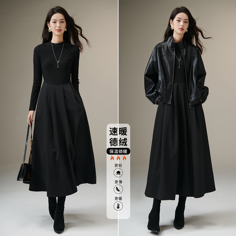 晚白【新品】2025德绒裙子假两件百搭长袖连衣裙25070975