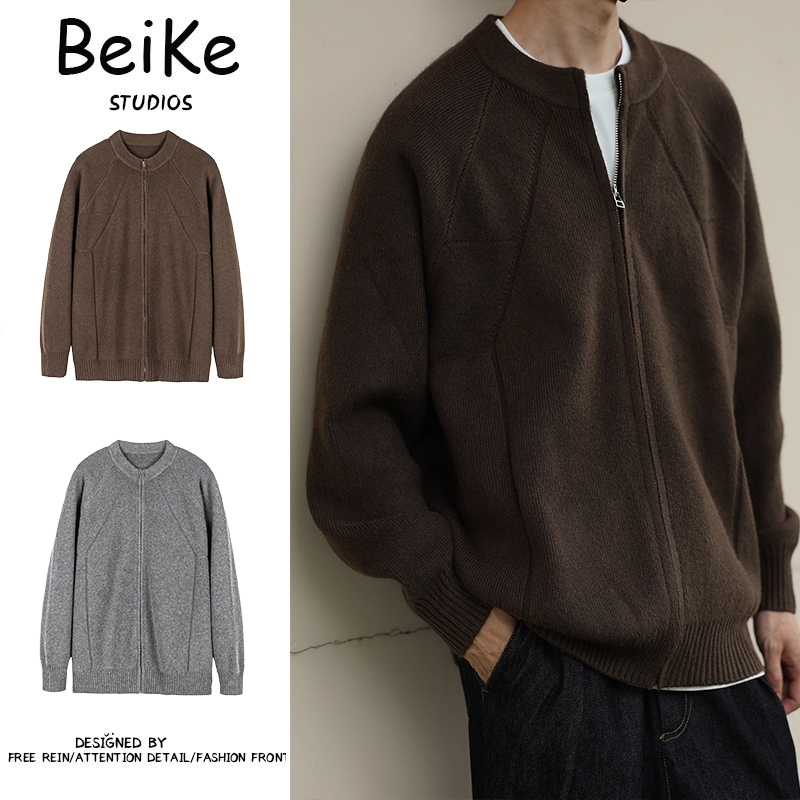 秋冬季毛衣外套男日系拉链宽松休闲百搭立领毛衣男款男装男生冬季