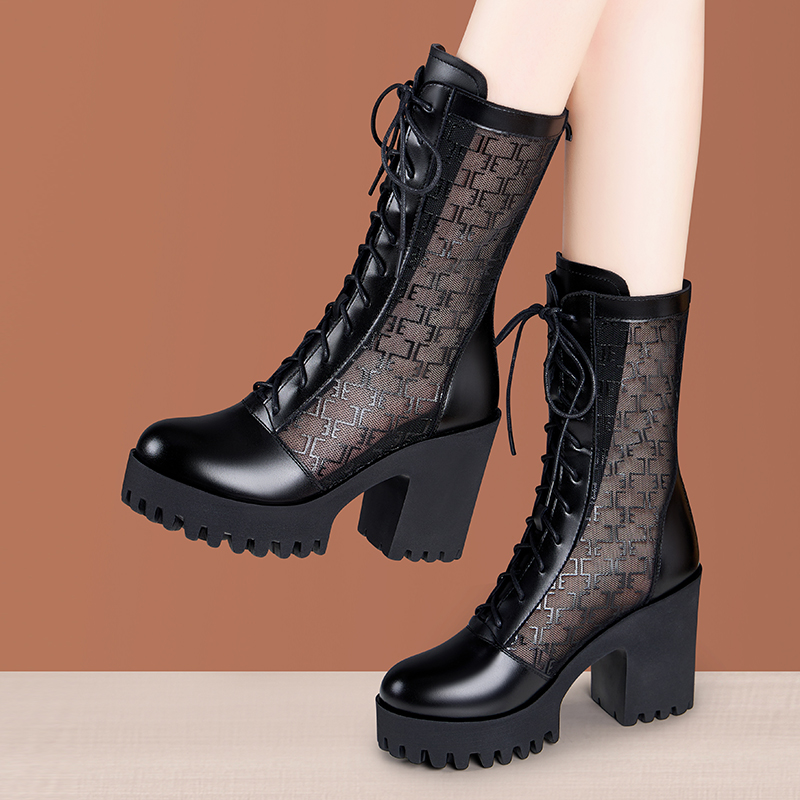 真皮防水台粗跟厚底透气长筒马丁靴女英伦风时尚高跟透气网纱凉靴