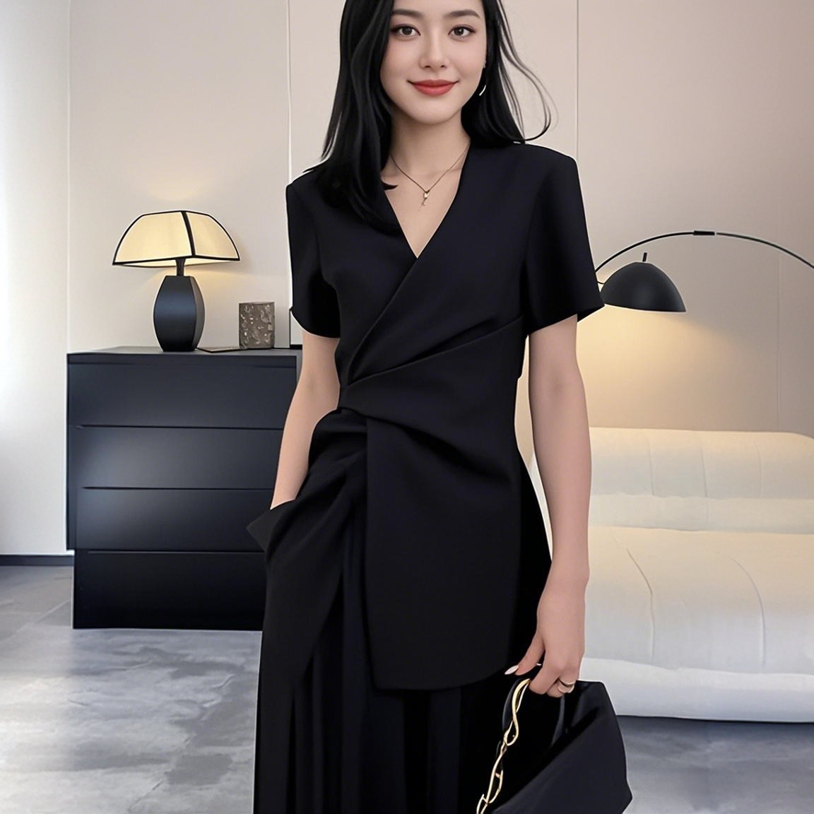 夏季大码时尚西装套装女胖mm法式收腰V领设计感西服阔腿裤两件套