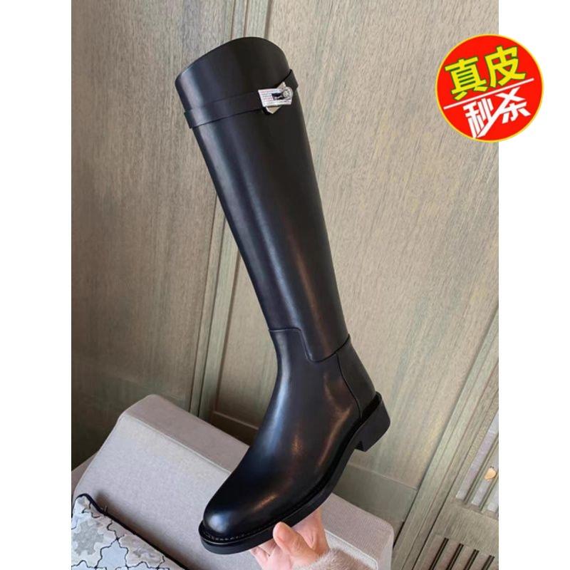 品牌真皮长筒靴女秋冬新款粗跟平底不过膝高筒骑士靴子女
