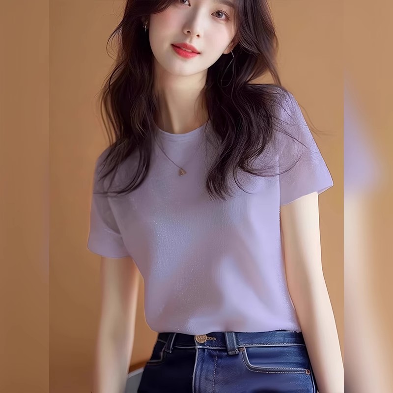 短袖T恤女2025新款夏欧货小衫洋气独特别致绝美冰丝紫色上衣早春