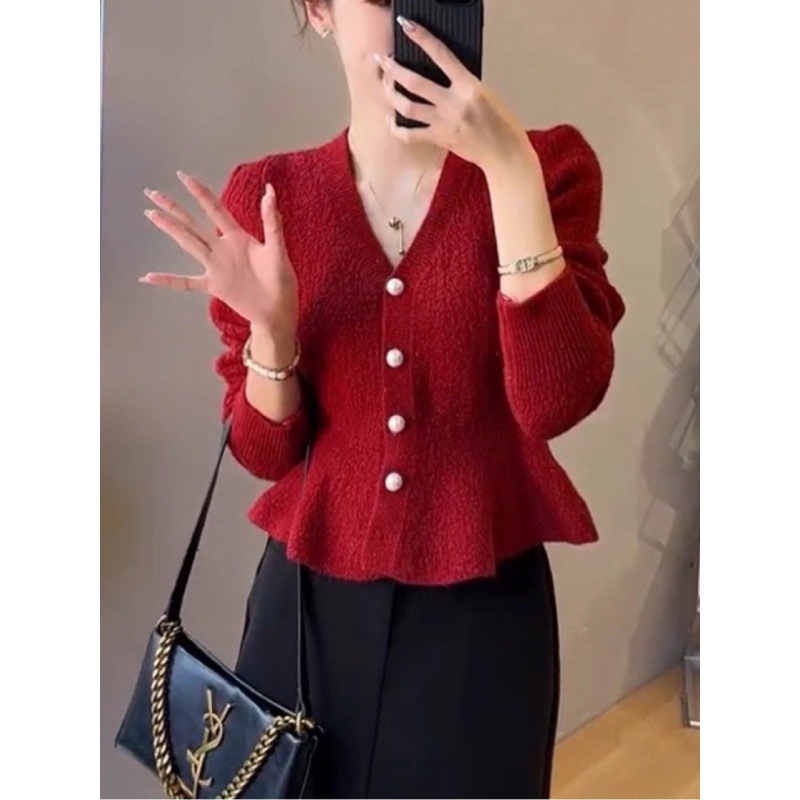 KANING法式小香风设计感针织开衫女2025秋冬新款珍珠单排扣毛衣女