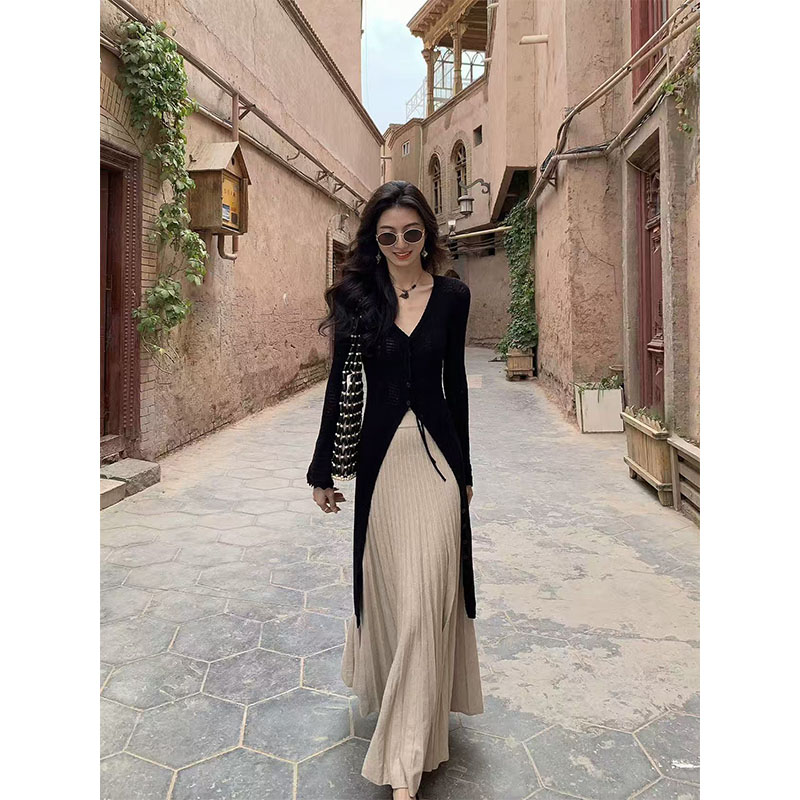 温柔女长款纯色百搭高开叉V领修身显瘦针织开衫杏色温柔半身裙女