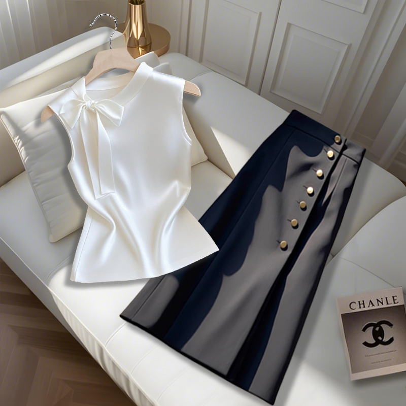 夏季时尚气质名媛设计感蝴蝶结白色上衣高腰百搭黑色半身裙两件套
