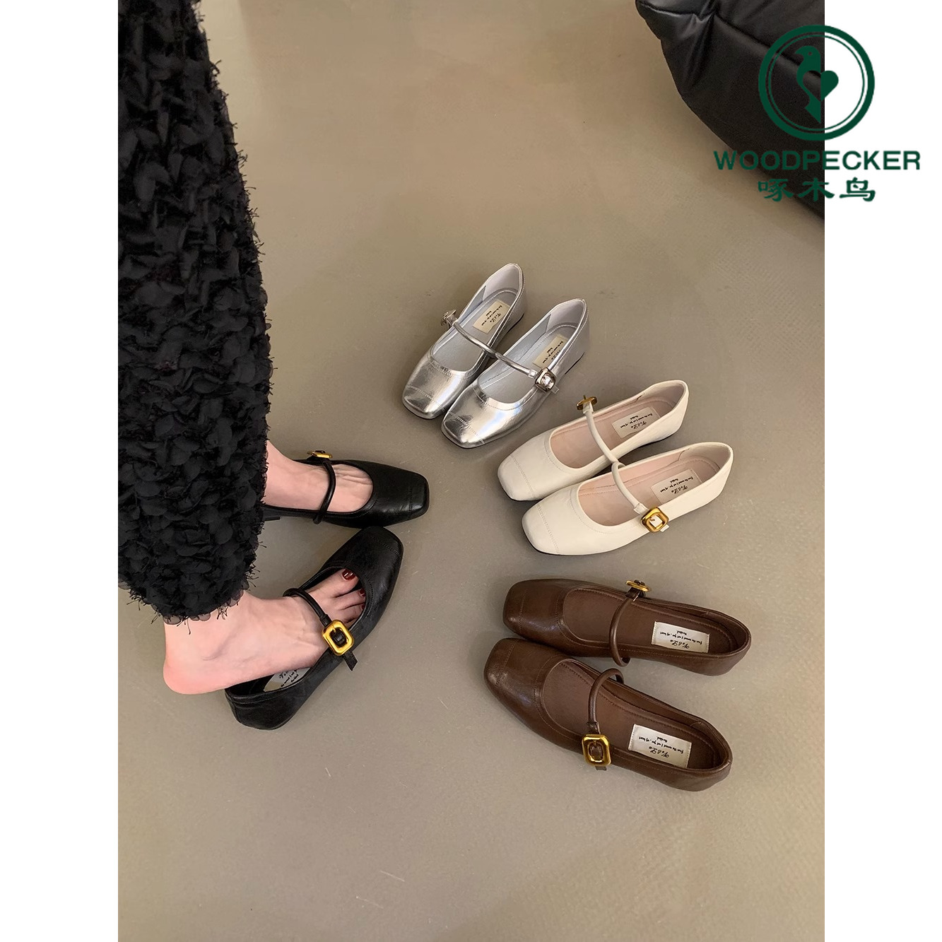 啄木鸟韩版百搭一字带单鞋2025夏季法式复古玛丽珍鞋平底鞋小皮鞋
