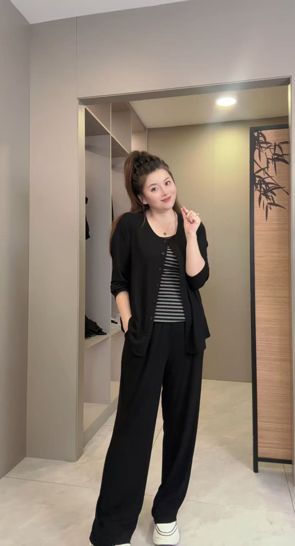 【婷婷】秋季套装女款新款大码条纹吊带长袖开衫外套25812三件套
