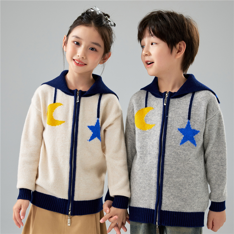 【100%羊毛】男女童海军领拉链开衫儿童羊毛衫秋冬款加厚外套毛衣