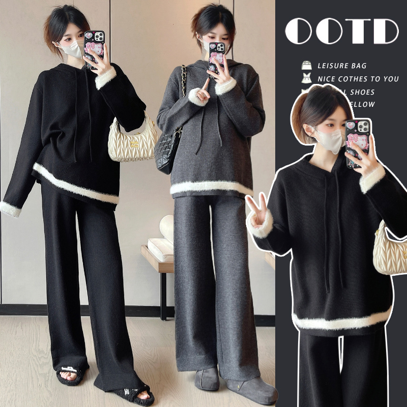 孕妇装秋装2025新款秋冬外穿洋气休闲宽松连帽毛衣上衣慵懒风裤子