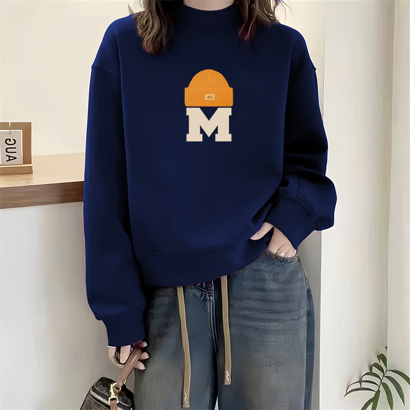 酒红色长袖卫衣女士加绒打底衫2025新款时尚字母印花半高领上衣服