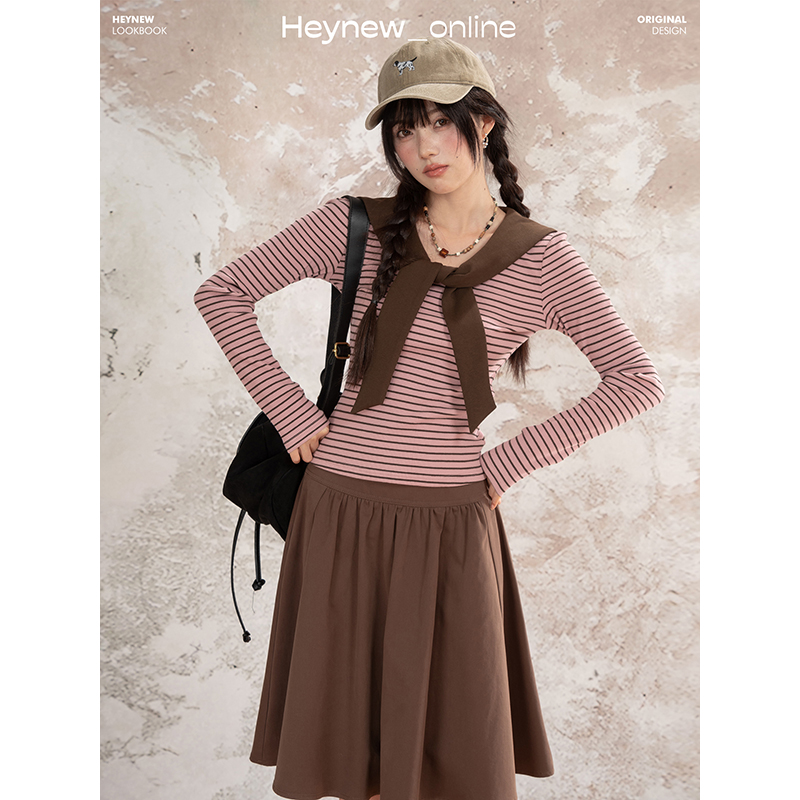 【酒心树莓酱】可露丽粉棕条纹韩系带披肩上衣A字高腰显瘦半裙5Q555