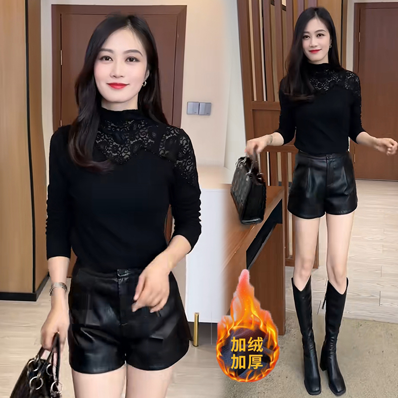 加绒保暖打底衫女2025冬季新款洋气百搭蕾丝拼接半高领内搭上衣服
