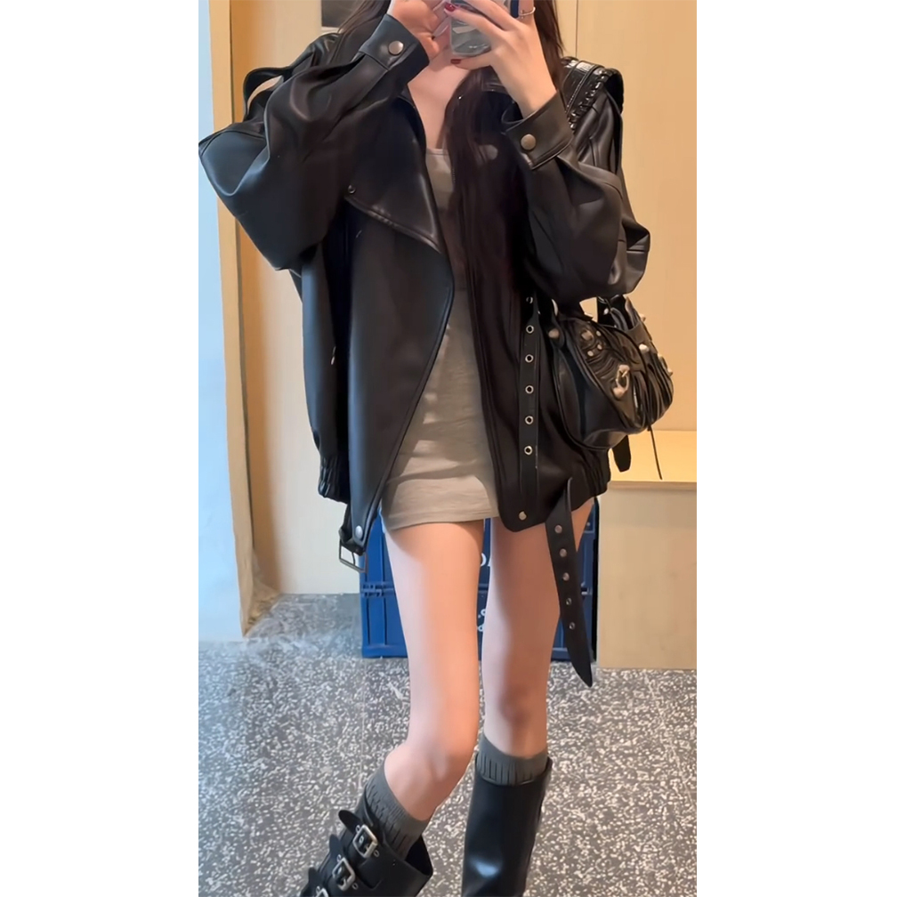 2025秋季新款港风辣妹机车服夹克女美式bf风甜酷宽松百搭皮衣外套