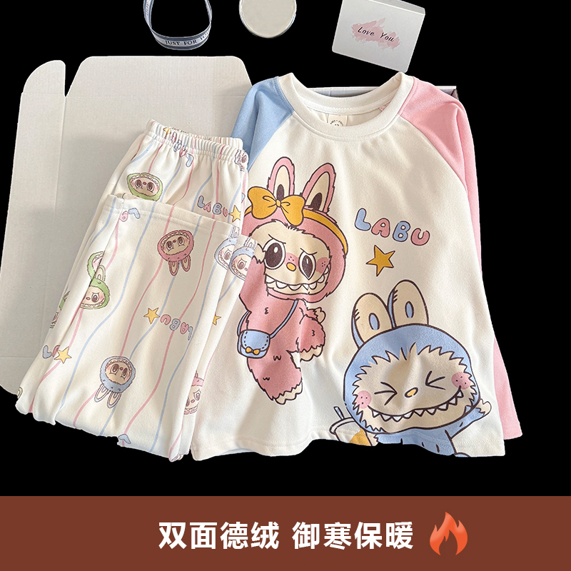 秋冬新款德绒女童长袖睡衣6-12岁中大童公主风洋气保暖家居服套装