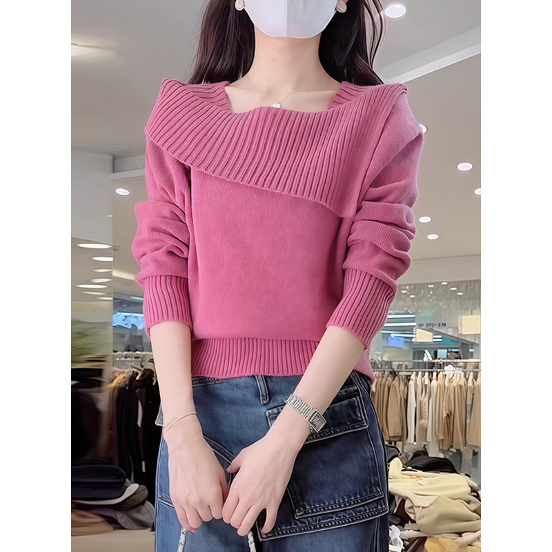 轻奢翻领毛衣针织衫女秋冬季新款减龄显瘦百搭一字肩减龄长袖上衣