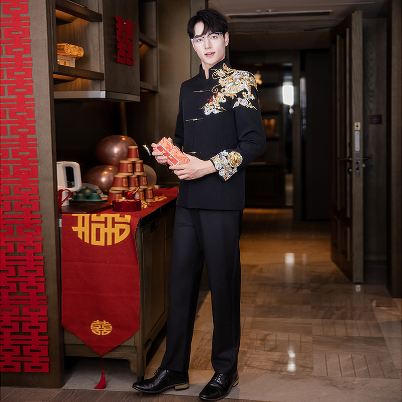 新中式结婚男装中山装男士订婚套装高端立领西装外套新郎中式礼服