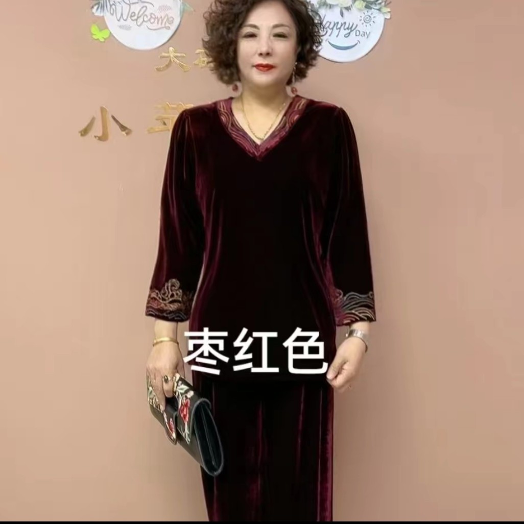 秋季中老年V领重工绣花丝绒大码宽松遮肉弹力上衣阔腿裤套装