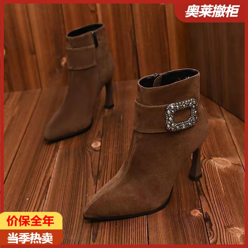 【奥莱撤柜】方扣水钻磨砂短靴女秋冬季细跟瘦瘦靴单靴加绒踝靴中