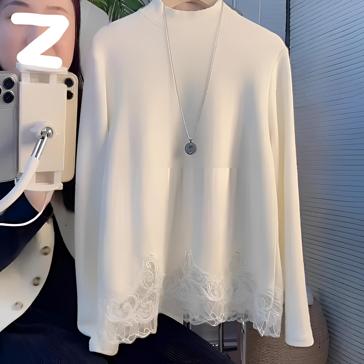 设计感蕾丝拼接德绒t恤女2025秋冬季新款内搭打底衫小众打底上衣