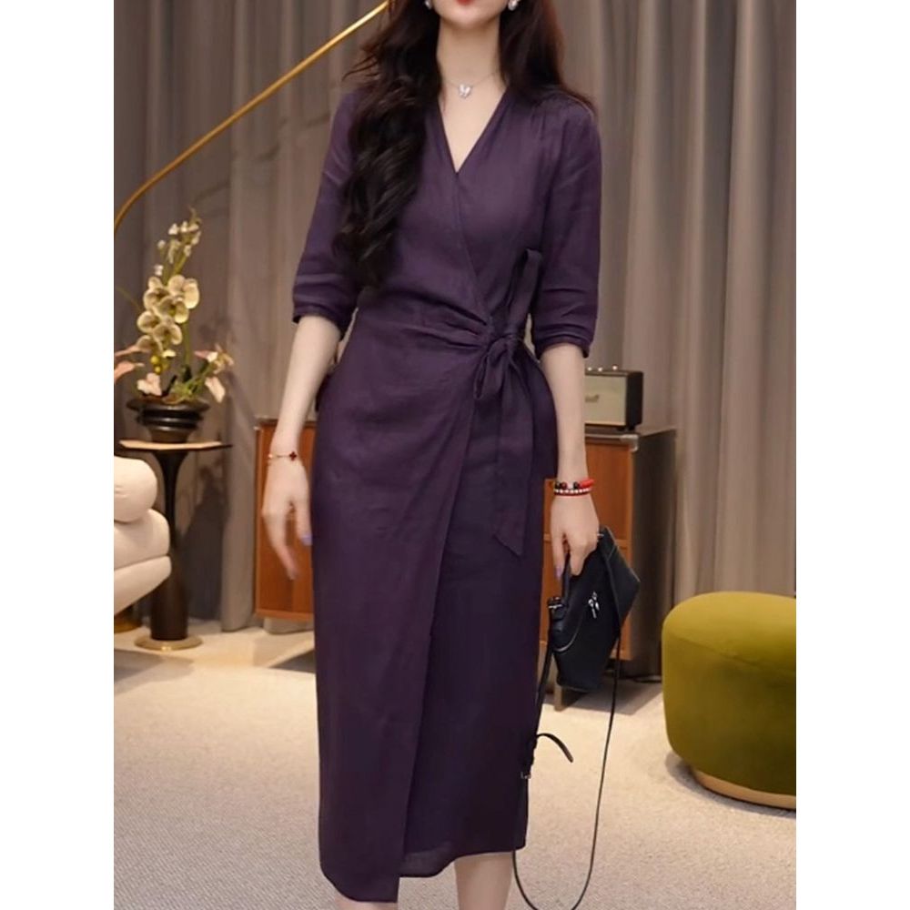 优雅时尚气质轻奢纯色V领连衣裙女2025夏季新款高端系带收腰裙子