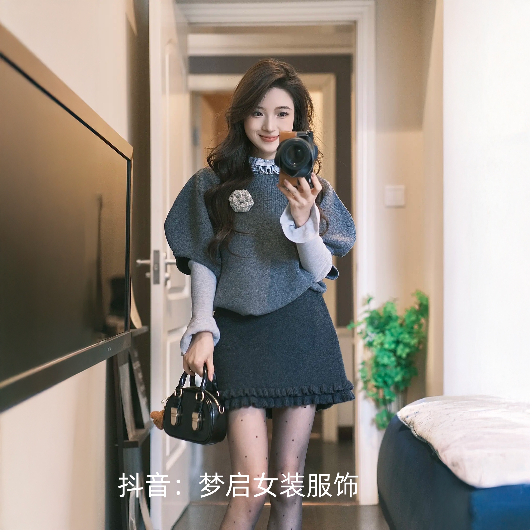 秋季穿搭一整套韩系慵懒风短袖毛衣叠穿长袖打底上衣短裙三件套女