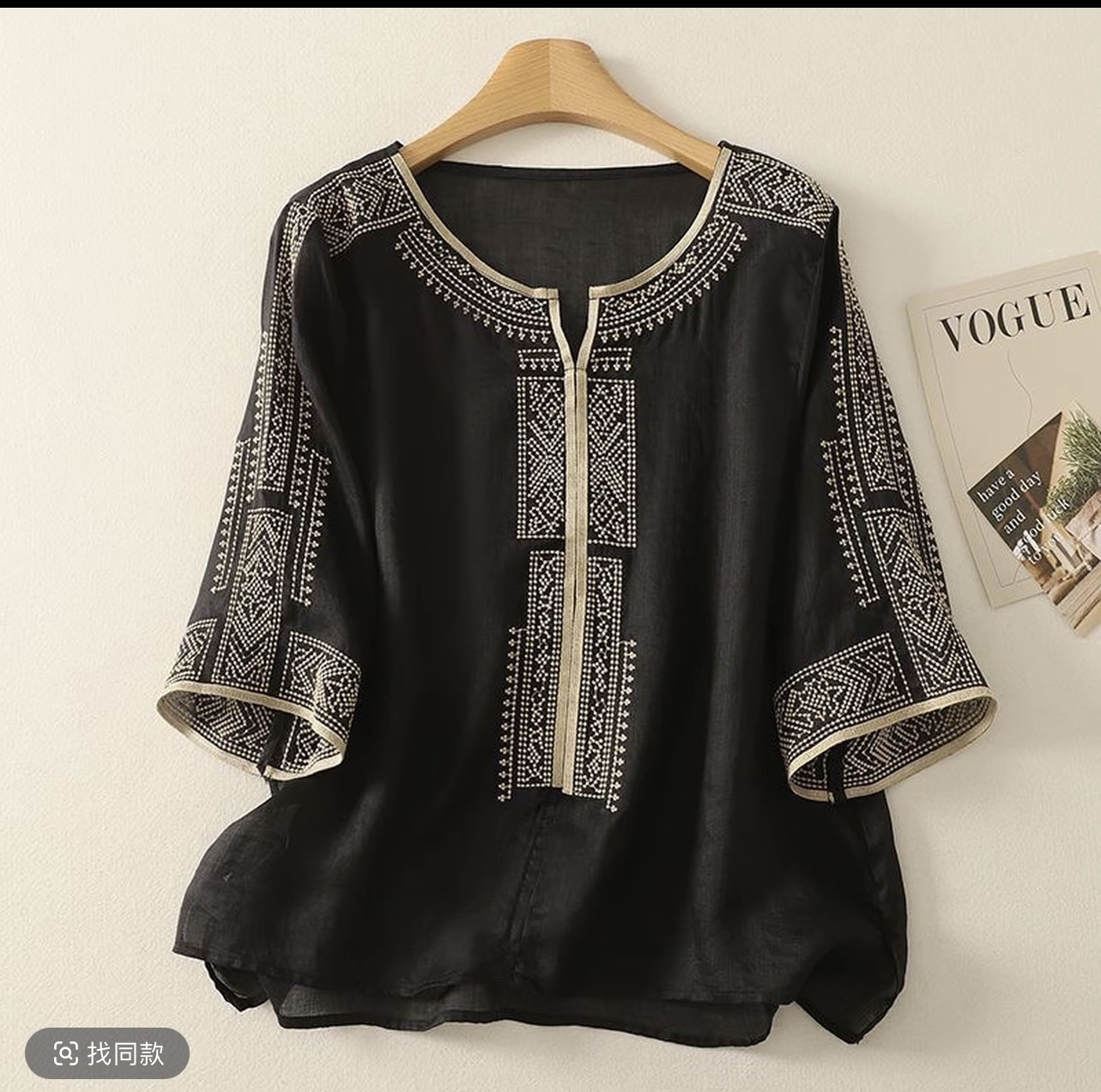 夏季新款中袖女装文艺范复古刺绣宽松短款上衣时尚