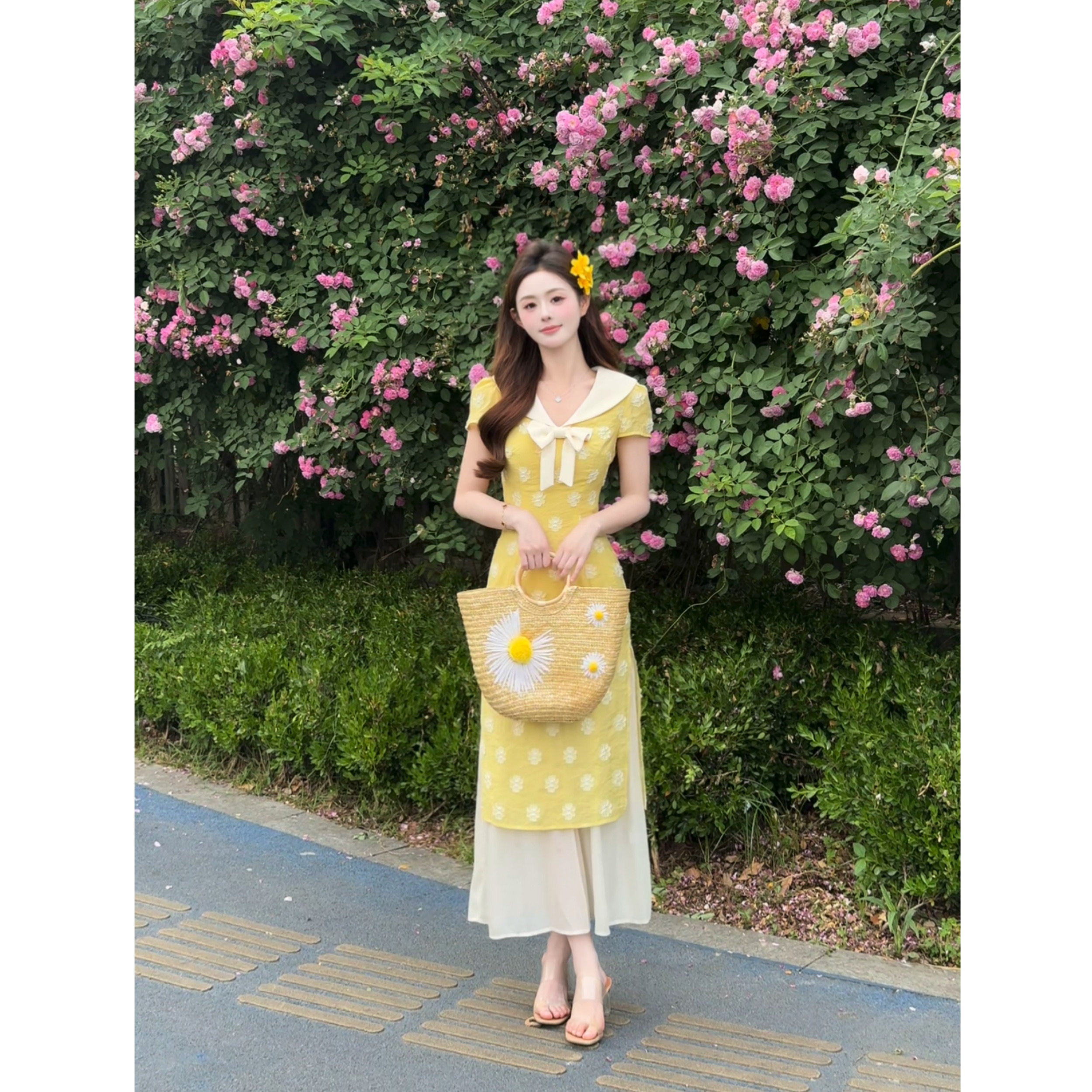 七七【菊次郎的夏天】色娃娃领蝴蝶结花朵假两件连衣裙裙子XMZH7264