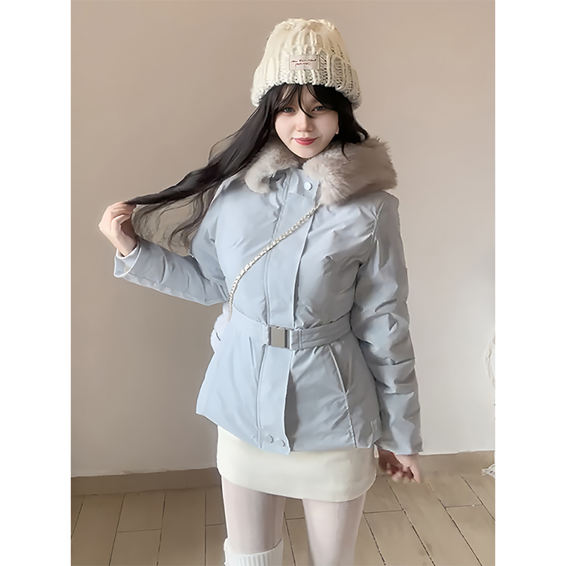 小香风穿搭蓝色毛领棉服女冬季新款休闲百搭收腰显瘦加厚保暖外套