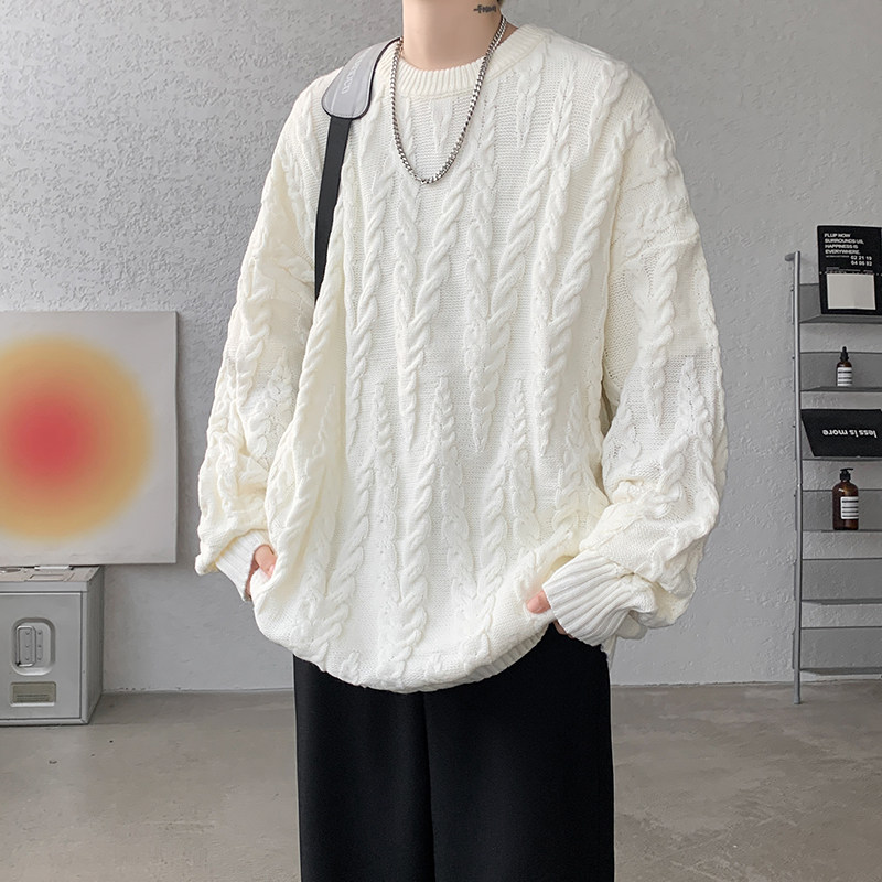 ins麻花纹理感套头毛衣男秋冬季加肥加大码潮胖人宽松痞帅针织衫