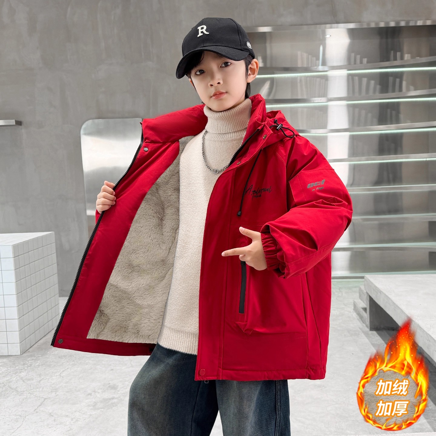 男童加绒外套休闲2025新款加厚派克服棉服大儿童男孩冬季冲锋衣