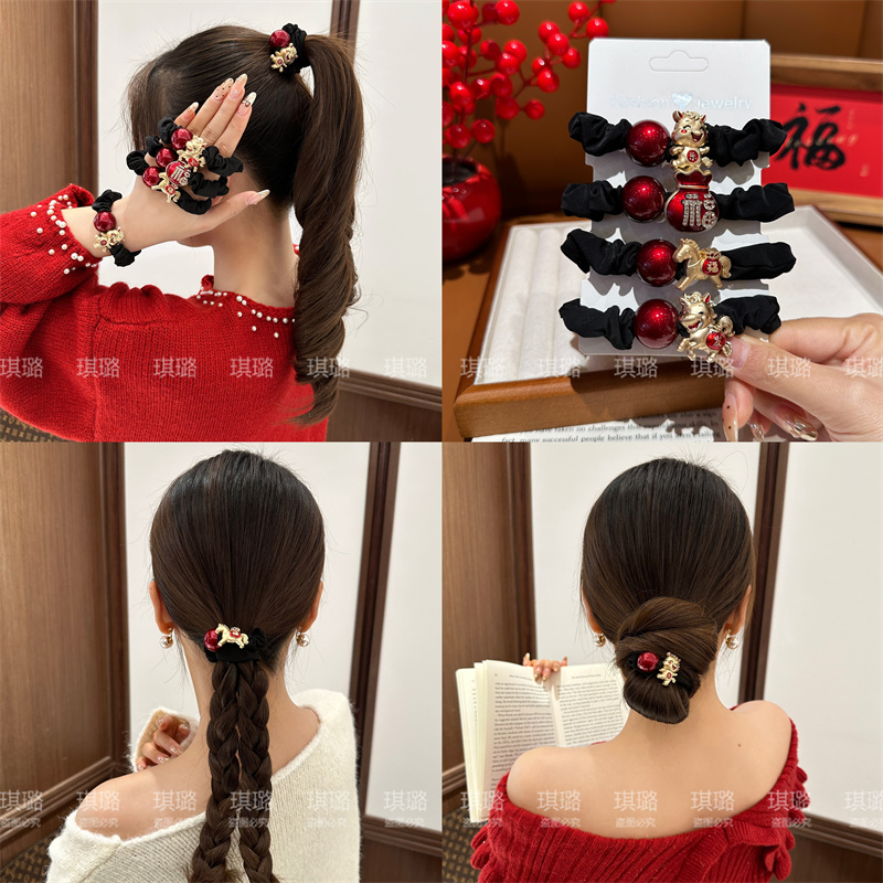 2026马年红色本命年发圈高弹力头绳女新年发绳儿童皮筋扎头发头饰