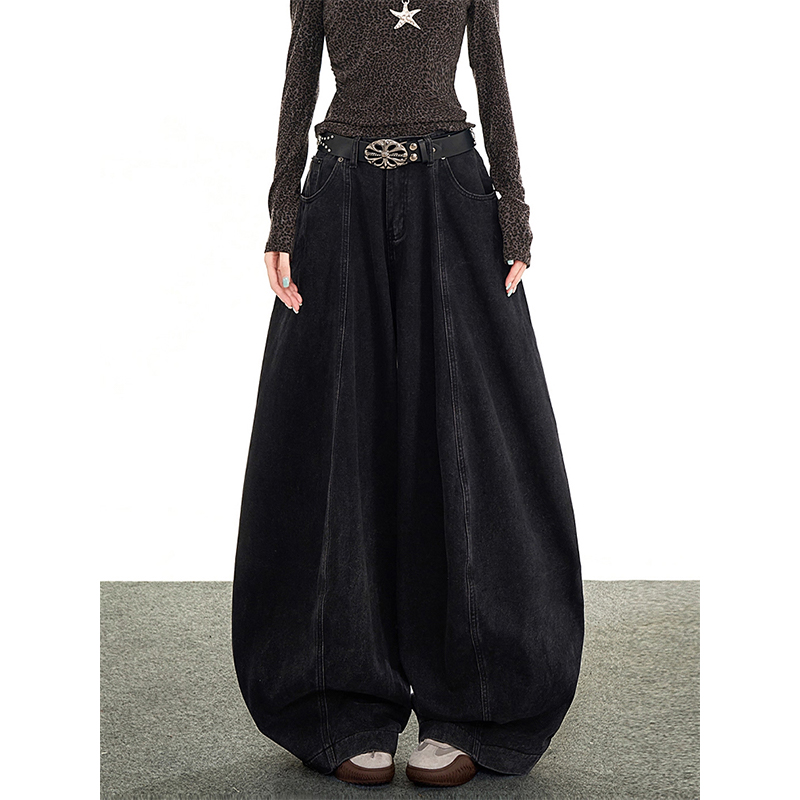 美式黑色廓形弯刀牛仔裤女新款高腰宽松阔腿显瘦百搭直筒拖地裤子