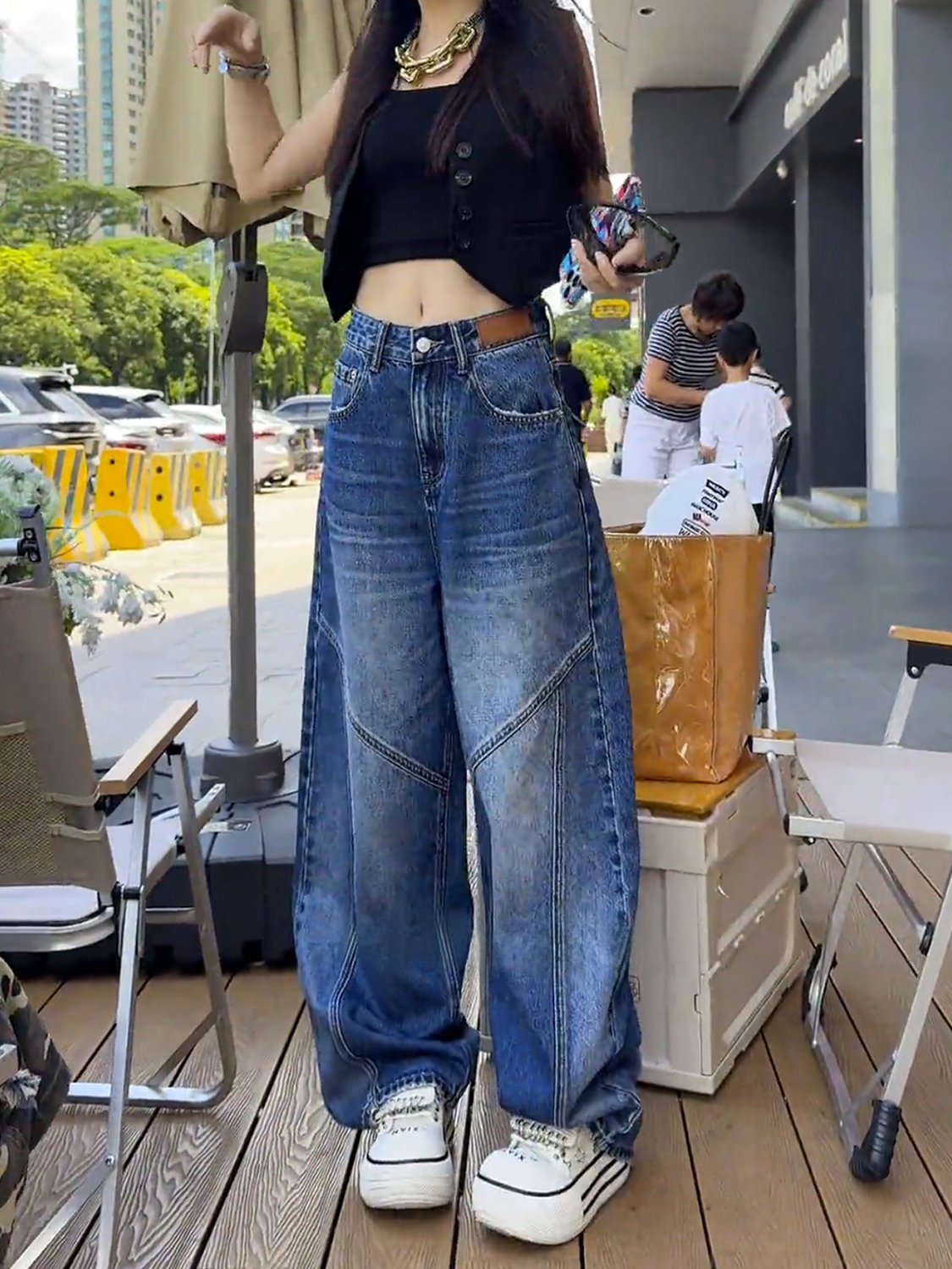大码阔腿牛仔裤女2025秋季新款胖mm高腰显瘦宽松美式直筒弯刀裤子