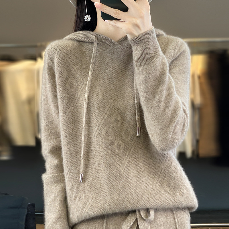 菱形格连帽针织衫卫衣女宽松套头长袖秋冬休闲叠穿带帽打底衫毛衣