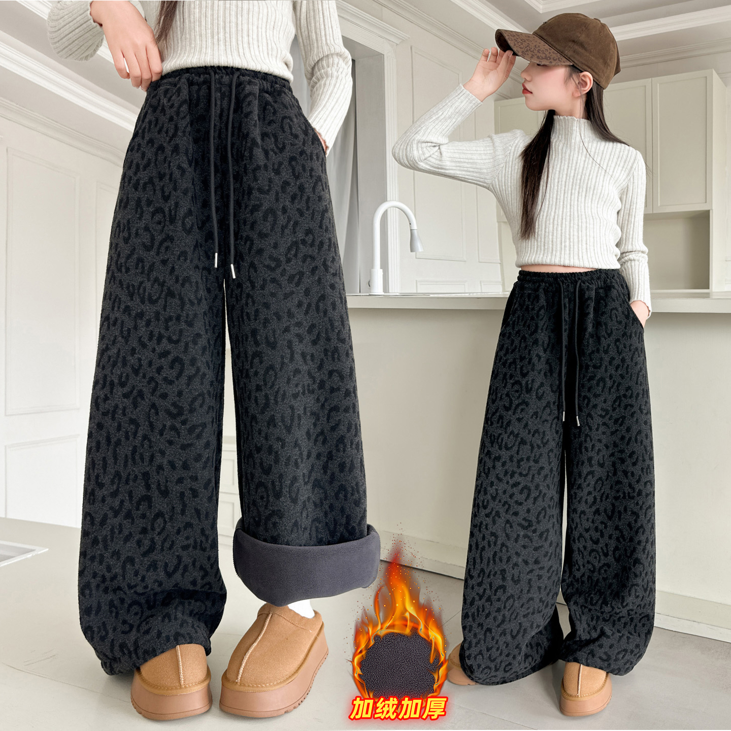 女童加绒豹纹裤冬款网红女大童加厚直筒裤2025新款儿童冬季休闲裤