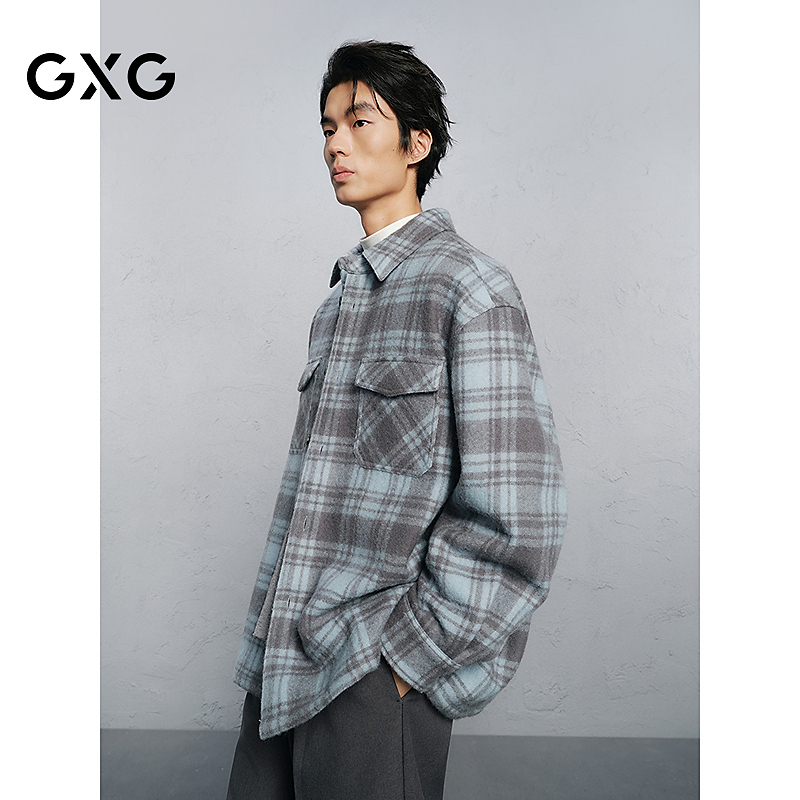 GXG男装 商场同款蓝格宽松休闲通勤翻领大衣 24冬新品G24X064013