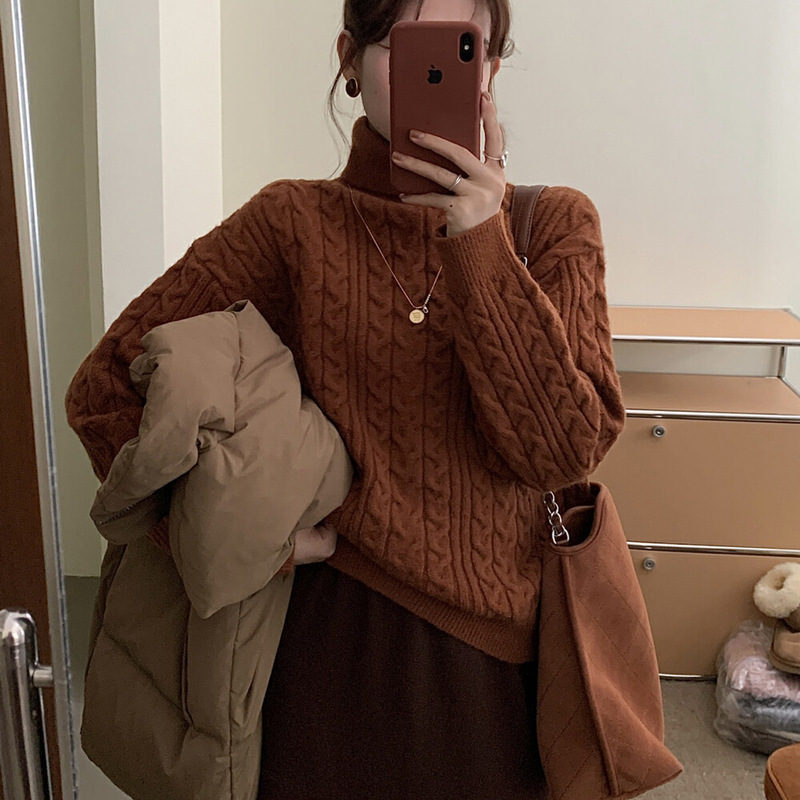 冬季针织毛针织衫宽松高领针织衫秋冬加厚毛衣半高领