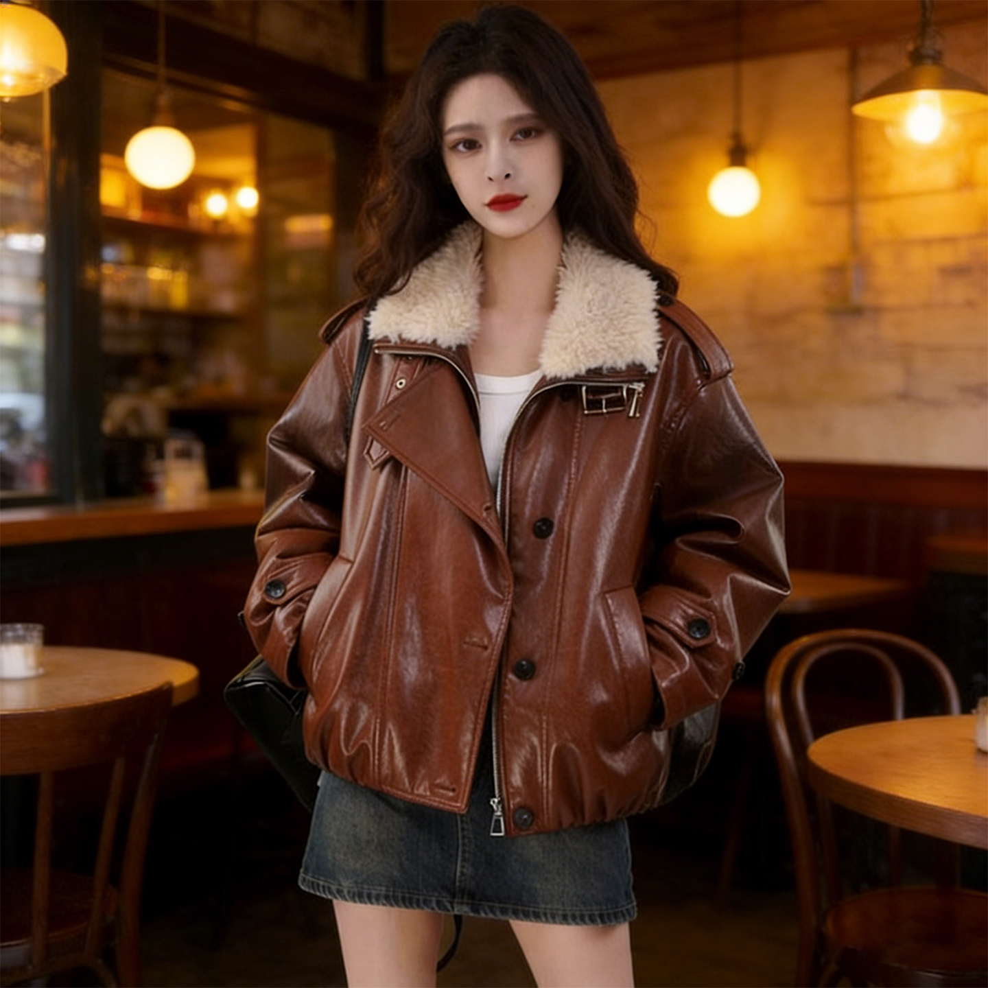 拉夏贝尔韩版洋气外套女2025冬季新款洋气宽松显瘦保暖机车皮夹克