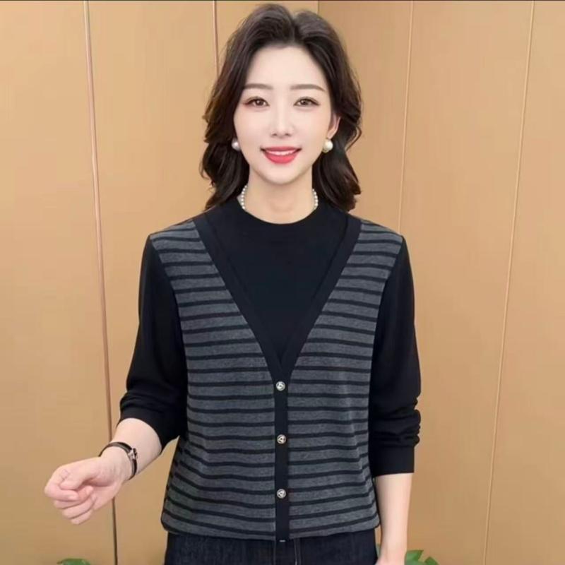 秋季新款时尚圆领条纹假两件洋气妈妈装休闲百搭长袖上衣K8661