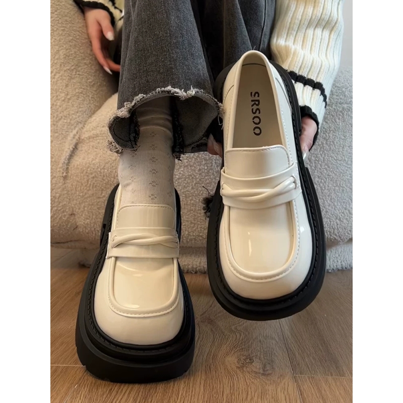 厚底增高小皮鞋女2025春季新款女鞋英伦风圆头百搭一脚蹬乐福单鞋