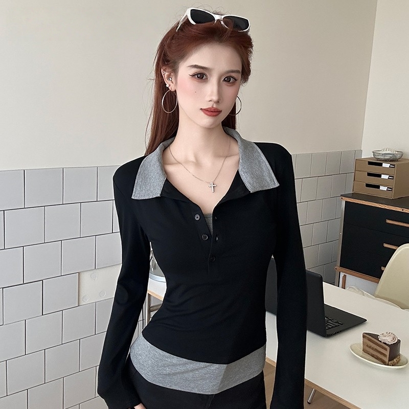 韩系假两件翻领长袖秋季新款女装纯欲慵懒风正版女装