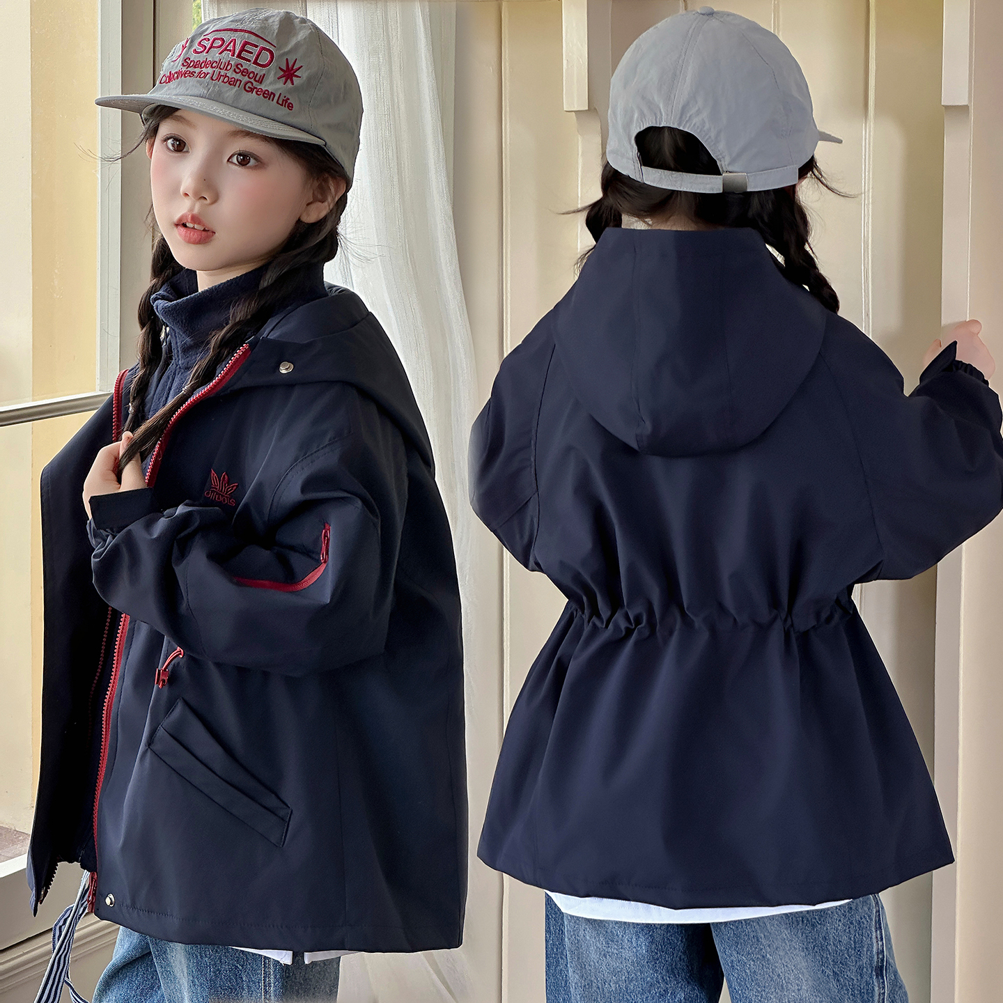 女童外套秋冬新款儿童收腰加棉上衣中大童时髦三合一儿童派克服