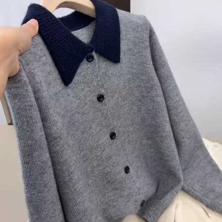 秋冬新款羊毛撞色云烟灰翻领针织衫绒衫打底毛衣气质百搭上衣