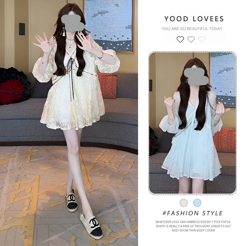 2025夏季新款重工刺绣宫廷风V领连衣裙女高级感撞色拼接显瘦短裙