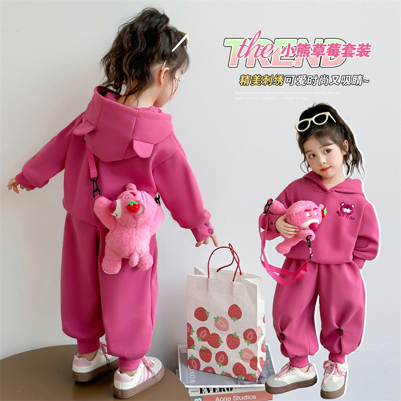 女童春秋款运动套装2025儿童草莓熊连帽新款休闲卫衣秋季秋装宝宝